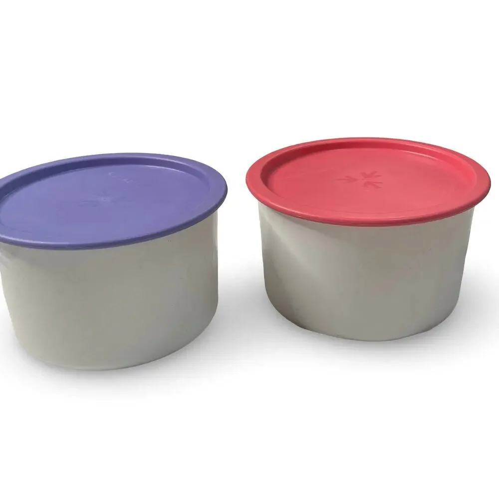 Tupperware One Touch Canister Set of 2 White 2708A Purple Pink Lid 2421A VTG